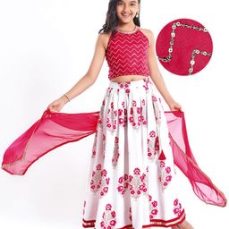 Pine Kids Woven Sleeveless Choli LehengaSet & Dupatta with Sequin Design & Floral Print -Dark Pink-image-64