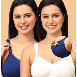 The Mom Store Pack Of 2 Sleeveless Solid Non Padded Nursing Bras - White & Blue-image-81