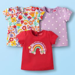Babyhug Cotton Knit Half Sleeves T-Shirts with Floral Hearts & Rainbow Print Pack of 3 - Red White & Lavender-image-67