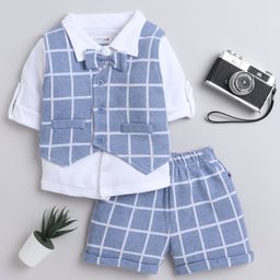 BUMZEE Interlock Knit Full Sleeves 3 Piece Checks Party Suit With Attached Bow - Light Blue & White-image-73