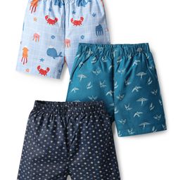 Babyhug Cotton Woven Above Knee Length Boxers With Fish & Bird Print Pack Of 3 - Navy Blue Teal Blue & Light Blue-image-81