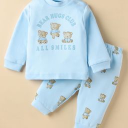 Zero Interlock Knit Full Sleeves Night Suit with Bear Print - Light Blue-image-65