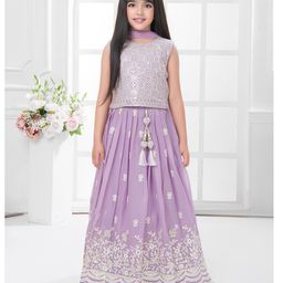 Tiny Kingdom Georgette Woven Sleeveless Geometric Embroidered Sequins Embellished Lehenga Choli With Dupatta - Purple-image-86