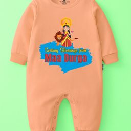 The Peppy Tend 100% Cotton Knit Durga Puja Theme Full Sleeves Seeking Blessings From Maa Durga Text Printed Romper - Peach-picture-47