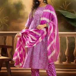 Sangria Bandhej Printed Straight Kurta & Trousers With Dupatta-picture-10