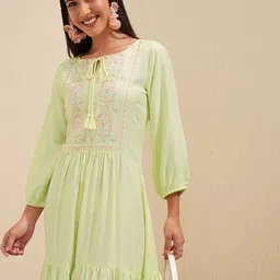 Vishudh Embroidered Tie-Up Neck Puff Sleeve Fit and Flare Dress-image-27