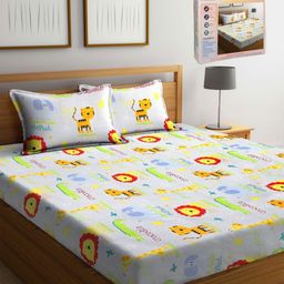 FABINALIV Grey & Yellow Cartoon Characters 300 TC King Bedsheet with 2 Pillow Covers-38