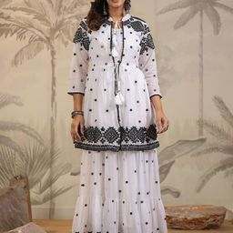SCAKHI Mirror Embroidered Tiered Maxi Ethnic Dress With Peplum Shrug-image-37