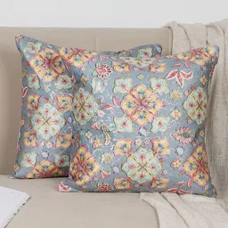 MFD HOME FURNISHING Grey & Yellow Set of 2 Ethnic Motifs Velvet Square Cushion Covers-10