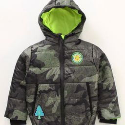 Little Kangaroos Hooded Neck Full Sleeves Padded Jacket Camouflage Print - Green & Black-image-92
