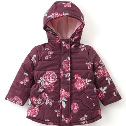 Babyhug Full Sleeves Hooded Padded Quilted Jacket Floral Print - Maroon-image-25