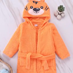Babyhug Full Sleeves Woven Terry Tiger Faced Hooded Bath Robe - Orange-image-13