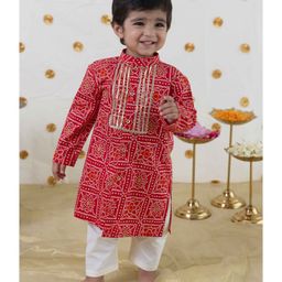 Tiber Taber Full Sleeves Block Motif Bandhani Design & Gota Lace Embellished Kurta With Pyjama Set - Red-image-76