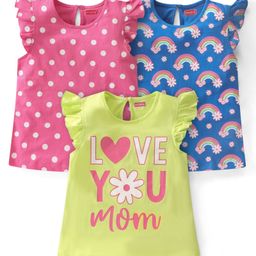 Babyhug Cotton Knit Sleeveless Top with Frill Detailing Polka Dot Graphic Pack of 3 - Pink Blue & Green-image-33