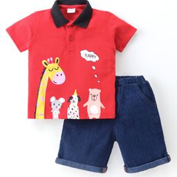 Kookie Kids Half Sleeves Polo T-Shirt And Shorts Set Giraffe Graphics - Red & Blue-image-50