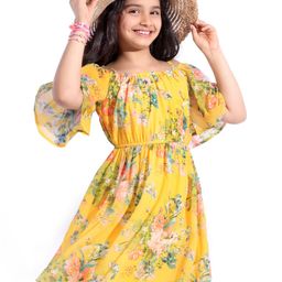 Hola Bonita Woven Off Shoulder Sleeves Knee Length Frock With Floral Print - Yellow-image-38