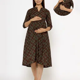 CRAFIQA Three Fourth Sleeves Motif Printed Maternity Dress With Concealed Zipper Nursing Access - Dark Green-picture-46