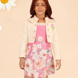 Cutecumber Floral Printed Dress With Full Sleeves Cable Knit Textured Shrug - Pink-image-71