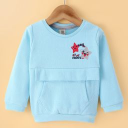 Olio Kids Cotton Knit Full Sleeves Winter T-Shirt with Kangaroo Pocket & Star Printed - Sky Blue-image-86