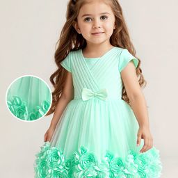 Babyhug Woven Sleeveless Party Dress With Pin Tuck DesignFloral Corsage & Bow Applique - Light Green-image-50