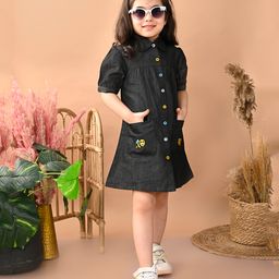 Superminis Denim Half Sleeves Honey Bee Embroidered With Pockets Dress - Black-image-67