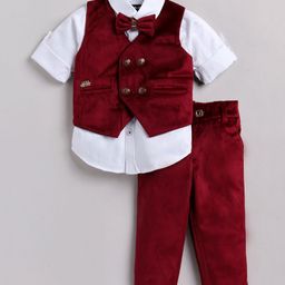 LITTLE COLLARS Velvet Full Sleeves Solid Shirt With Coordinating Waistcoat Trouser & Bow - Maroon-picture-13
