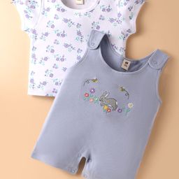 ToffyHouse Cotton Knit Half Sleeves T-Shirt & Dungaree Style Romperwith Floral Print -Lavender & White-image-95
