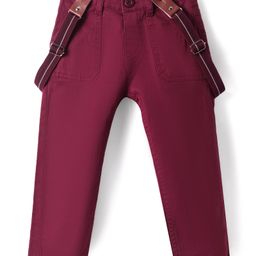 Babyhug Twill Woven Full Length Solid Trouser with Stretch & Suspender - Maroon-image-92