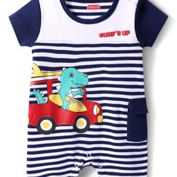 Babyhug 100% Cotton Knit Half Sleeves Romper With Dino Print - White & Blue-image-38
