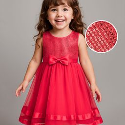 Babyhug Woven Sleeveless Fit & Flare Party Dress with Bow Applique & Sequin Detailing - Red-image-101