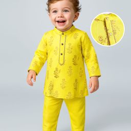 Babyoye Eco Conscious 100% Cotton Knit Full Sleeves Kurta Pyjama Set Floral Foil Printed - Yellow-picture-14