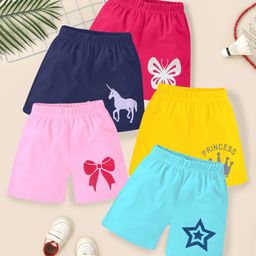 KUCHIPOO Cotton Blend Pack Of 5 Unicorn & Butterfly Printed Shorts - Multi Colour-image-97