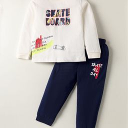 Mini Donuts Single Jersey Knit Full Sleeves T-Shirt & Lounge Pant Set with Text Print - White & Navy Blue-image-2