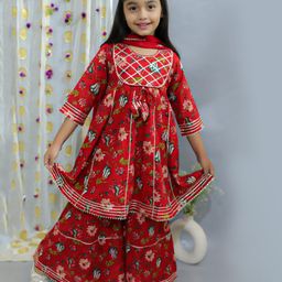 Ka-mee Cotton Woven Three Fourth Sleeves Floral Printed & Gota Lace Embellished Coordinating Kurta & Sharara With Dupatta Set - Red-image-100