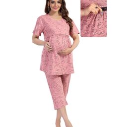 Fabme Cotton Knit Half Sleeves Cats Printed Coordinating Top & Capris Set - Pink-image-69