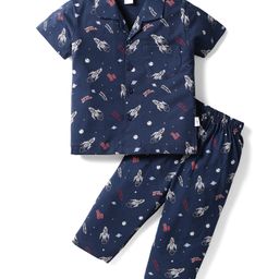 Teddy Sinker Knit Half Sleeves Co-ords Night Suit With Space Theme Print - Navy Blue-image-72