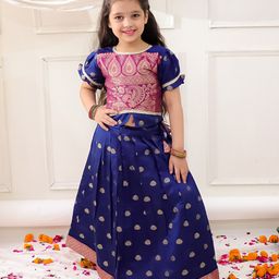 KID1 Brocade Woven Onam Theme Half Puffed Sleeves Floral Foil Printed & Gota Lace Embellished Pattu Pavadai Set - Navy Blue-picture-36