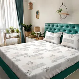 KLOTTHE Cream Color & Grey Printed 300 TC King Bedsheet & 2 Pillow Covers 2.5 m x 2.25 m-3