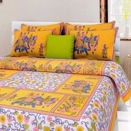 Aura White & Yellow Ethnic Motifs Printed 144 TC Cotton Queen Bedsheet Set 2.10 m x 2.30 m-image-83