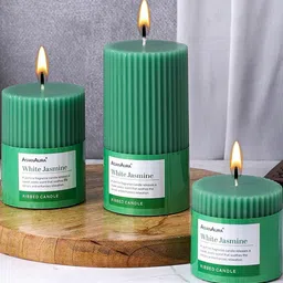 Asian Aura White Jasmine Ribbed Pillar Candles Pack of 3 Scented Candles for Home Dcor-24