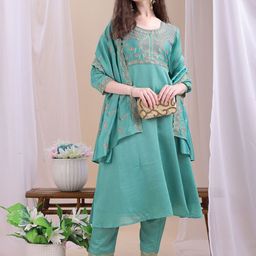 KALINI Ethnic Motifs Embroidered Regular Thread Work Kurta with Trousers & With Dupatta image 2