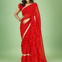 F FASHION Women Ruffles Pure Georgette Saree With Golden Lace Border-picture-21