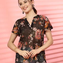 EVERYDAY by ANI Floral Print Mandarin Collar Applique Chiffon Top-image-87