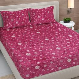 FABINALIV Red & White Floral Woollen 300 TC Fitted Double King Bedsheet Set-2.50mX2.25m-picture-26