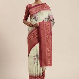Saree mall Beige & Maroon Silk Cotton Floral Printed Bagh Saree-image-77