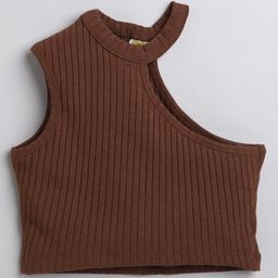 Aww Hunnie Sleeveless Solid Knit Ribbed Collar Crop Top - Brown-image-55