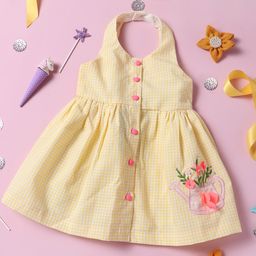 Nauti Nati Sleeveless Tattersall Checkered & Gardening Flower Embroidered Fit & Flare Dress - Yellow-image-3