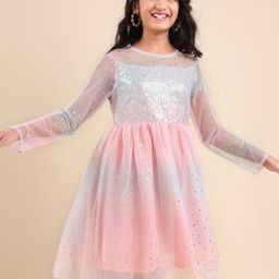 Pine Kids Full Sleeves Frock With Net & Sequine Detailing - Peach-image-28
