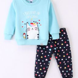 Teddy Fleece Full Sleeves Kitty Printed Winter Night Suit - Blue-image-75