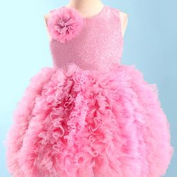 Bluebell Sleeveless Net DC Party Frock With Floral Applique - Pink-4